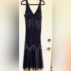 Elegant Navy Beaded V-Neck Evening Dress with zipper on the side built in bra